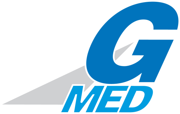 Blue and gray G-Med logo with stylized G and MED text