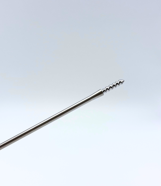 Stainless steel tunneler with threaded tip for controlled and accurate placement.